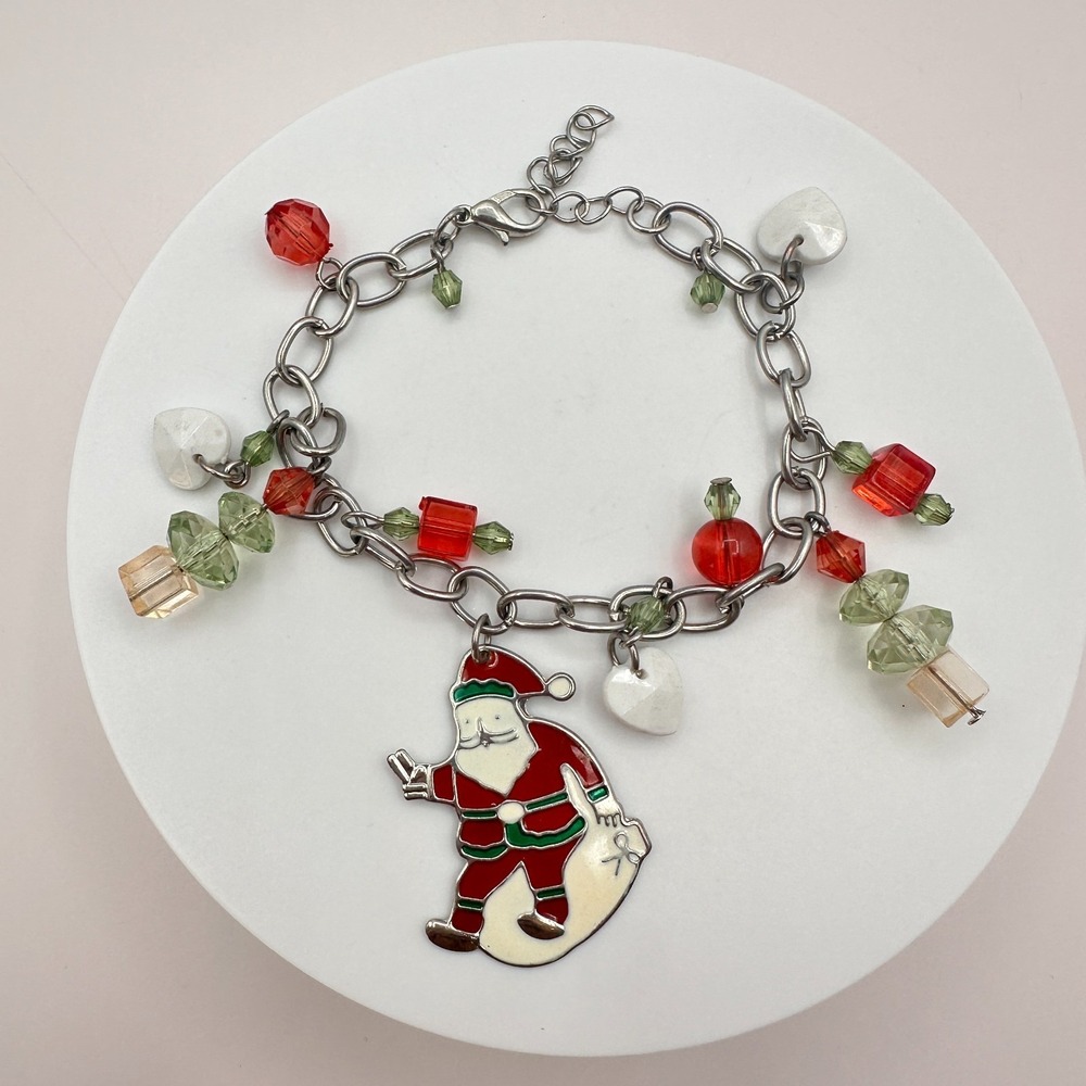 Vintage 90s Christmas Charm Bracelet Santa Enamel Glass Beads SilverTone